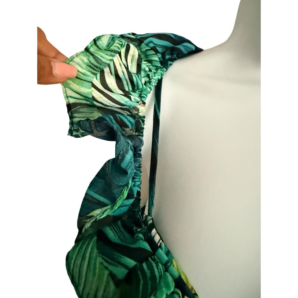 Tropical‎ Palm Leaf Ruffle High Low Dress L Womens Green Resort Beach Vacation - Picture 6 of 12